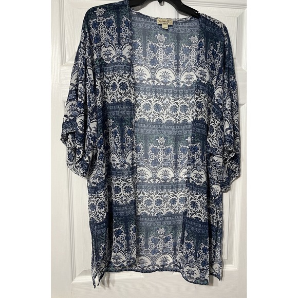 One World Blue Boho Abstract Semi-Sheer Open Front Jacket Coverup Sz XL - Picture 1 of 8